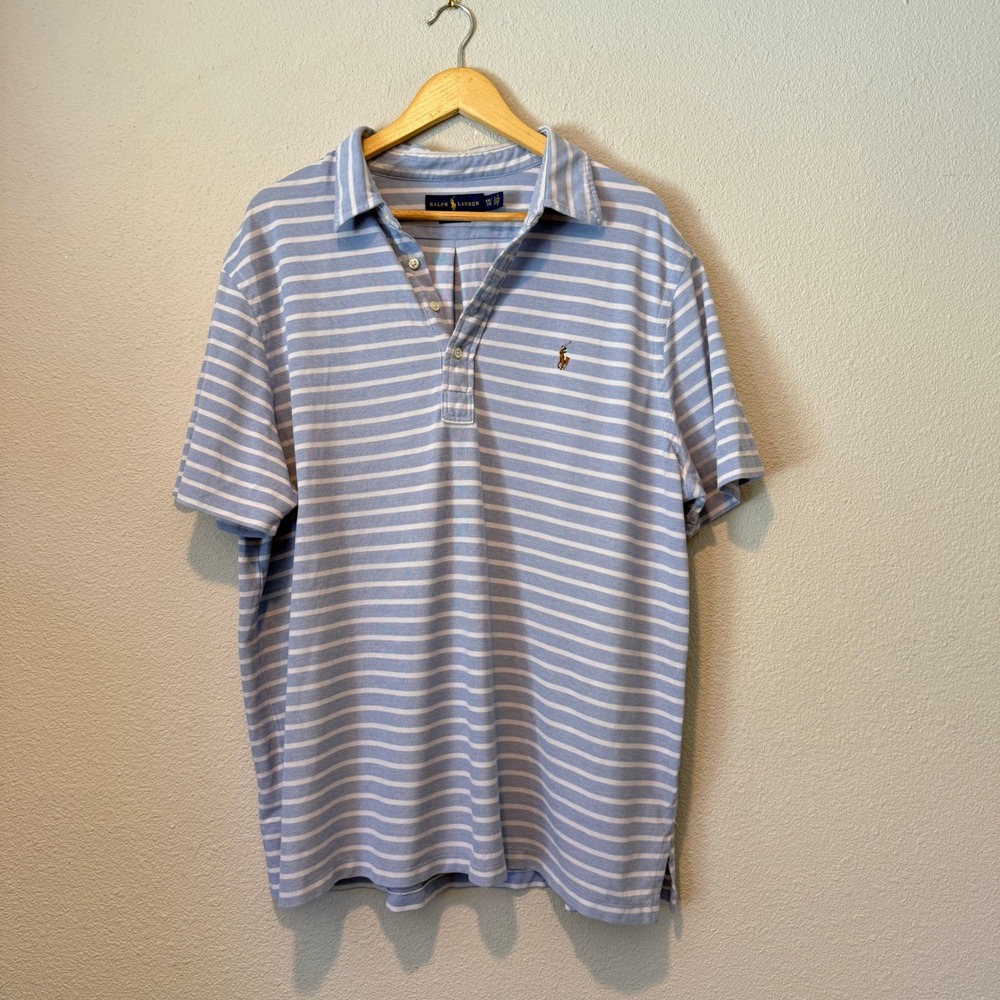 Ralph Lauren Mens XXL Knit Oxford Striped Polo Shirt Blue White Short Sleeve